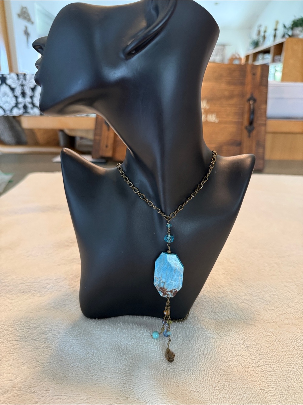 Artisan Blue Stone Pendant Necklace with Antiqued Chain